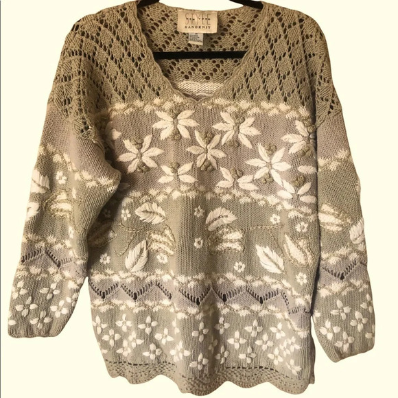 Vintage 90s tan cream Floral Fall Holiday Embroidered Knit sweater Gold poms - Picture 1 of 8